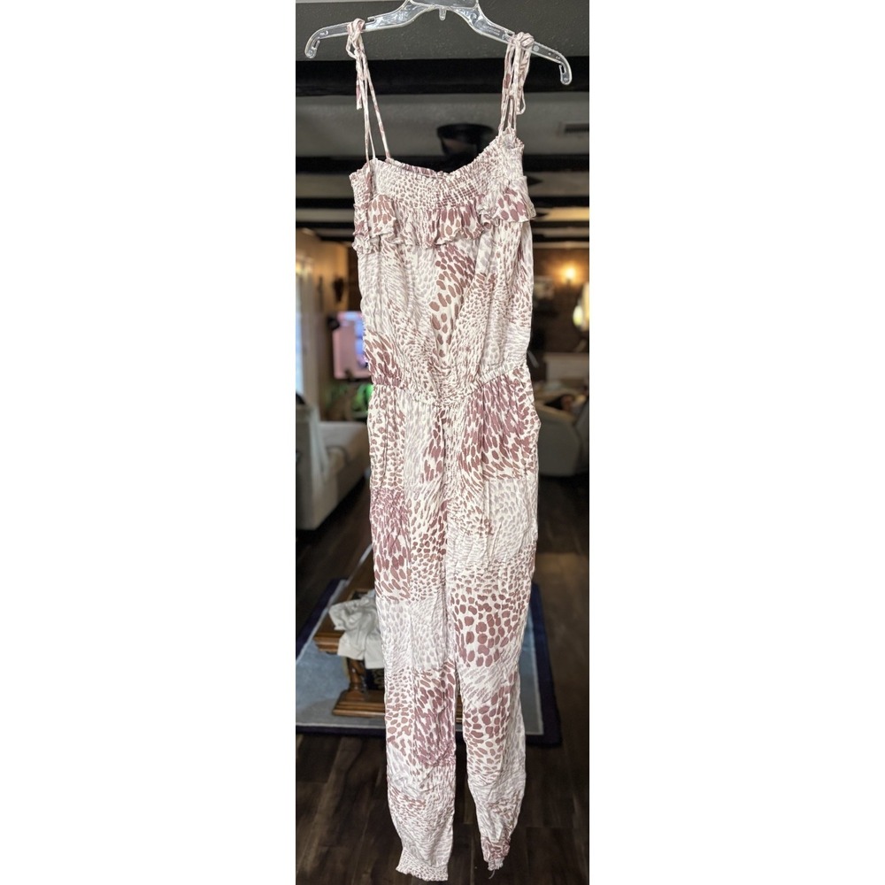 Fate Small Mauve Animal Print‎ Tie Strap Jumpsuit Smocked Waist NWT Romper